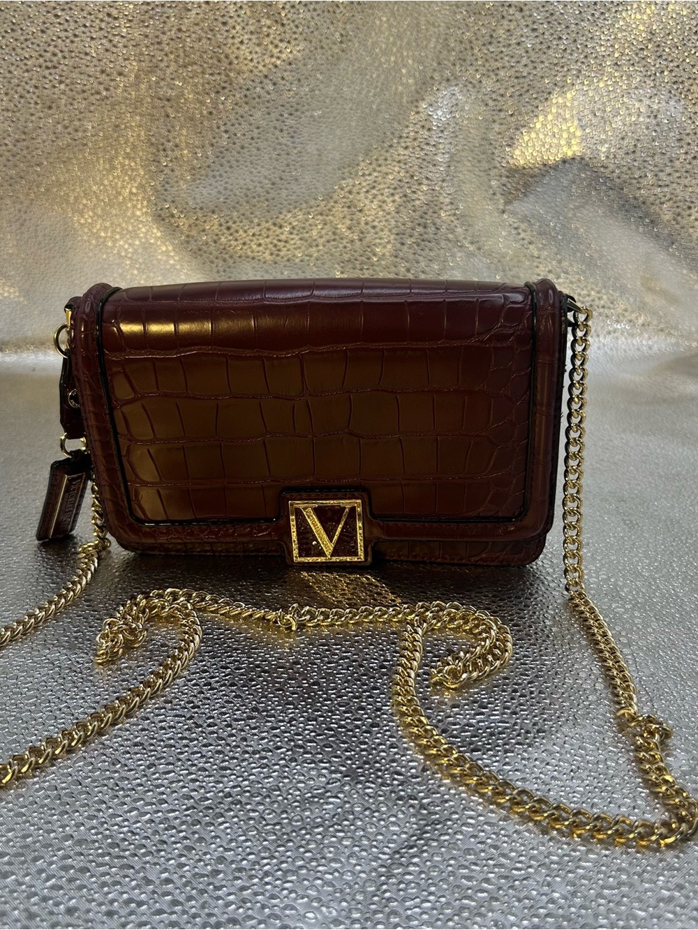 Victoria's Secret Croc-Embossed Crossbody Bag in Burgundy with Gold Hardware